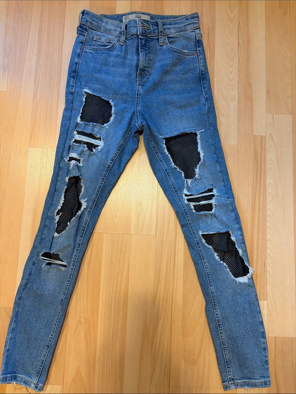 Topshop Blue Ripped Skinny Jeans with Black Mesh Insets